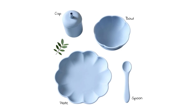 JACK O JUNO silikoninis valgymo indelių komplektas LITTLE POPY PALE BLUE