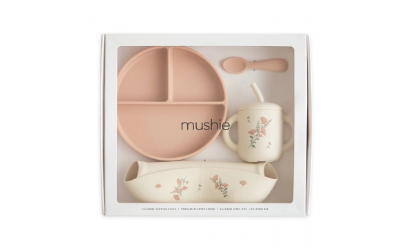 MUSHIE silikoninis mažylio valgymo rinkinys PINK FLOWERS MUSHIE silikoninis mažylio valgymo rinkinys PINK FLOWERS